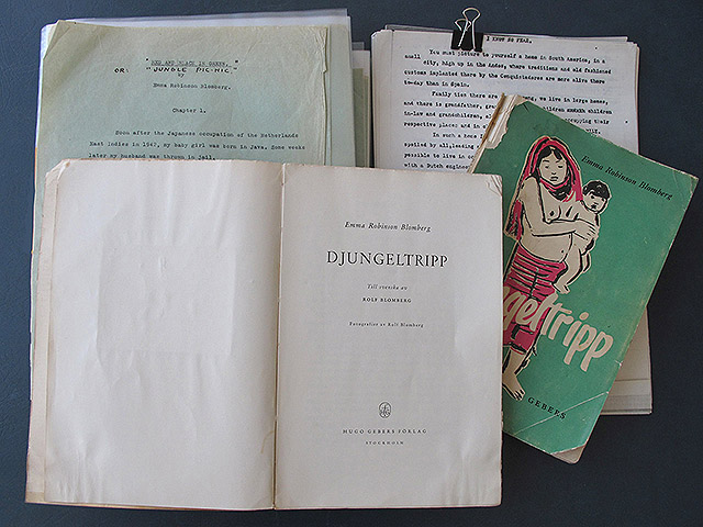 Manuscript by Emma Robinson and “Djungelttrip” book, published in Swedish by Gebers in 1949. Blomberg Fond, Family Robinson Pérez sub-fond, Emma Robinson series.