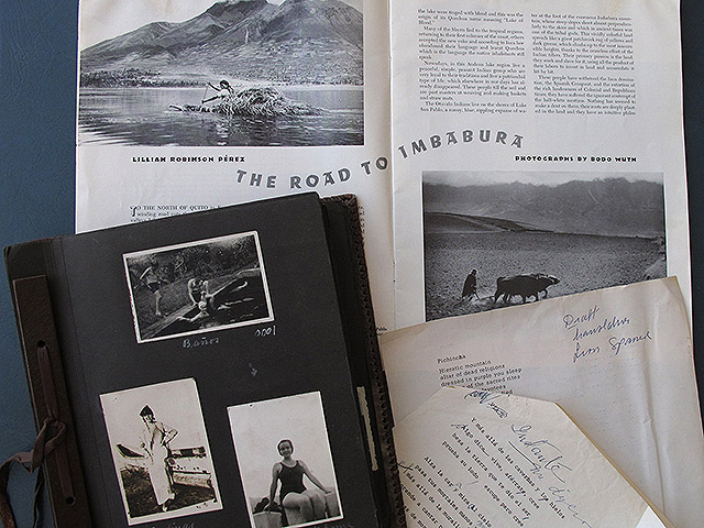 Album of photographs and manuscripts by Lillian Robinson, together with one of her articles, “Camino a Imbabura”, with her texts and photos by Bodo Wuth; published by Pacific Discovery magazine in 1956. Blomberg Fond, Robinson Pérez Family sub-fond, Lillian Robinson series.